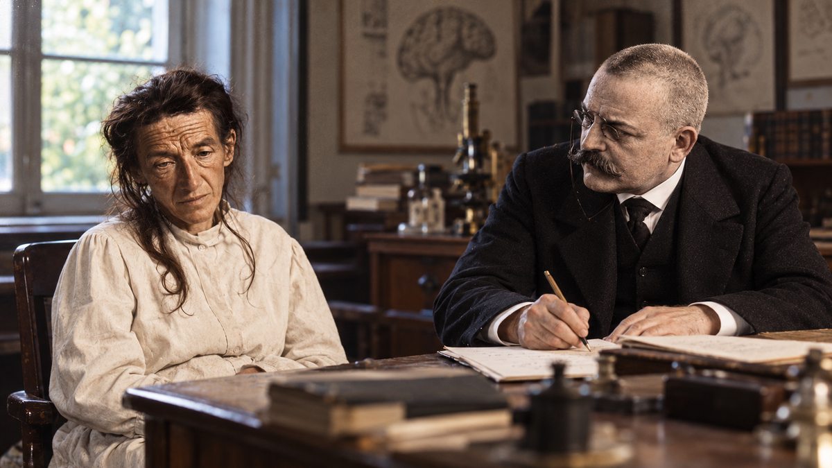 Recreación de Auguste Deter junto a Alois Alzheimer, que toma notas en su consulta