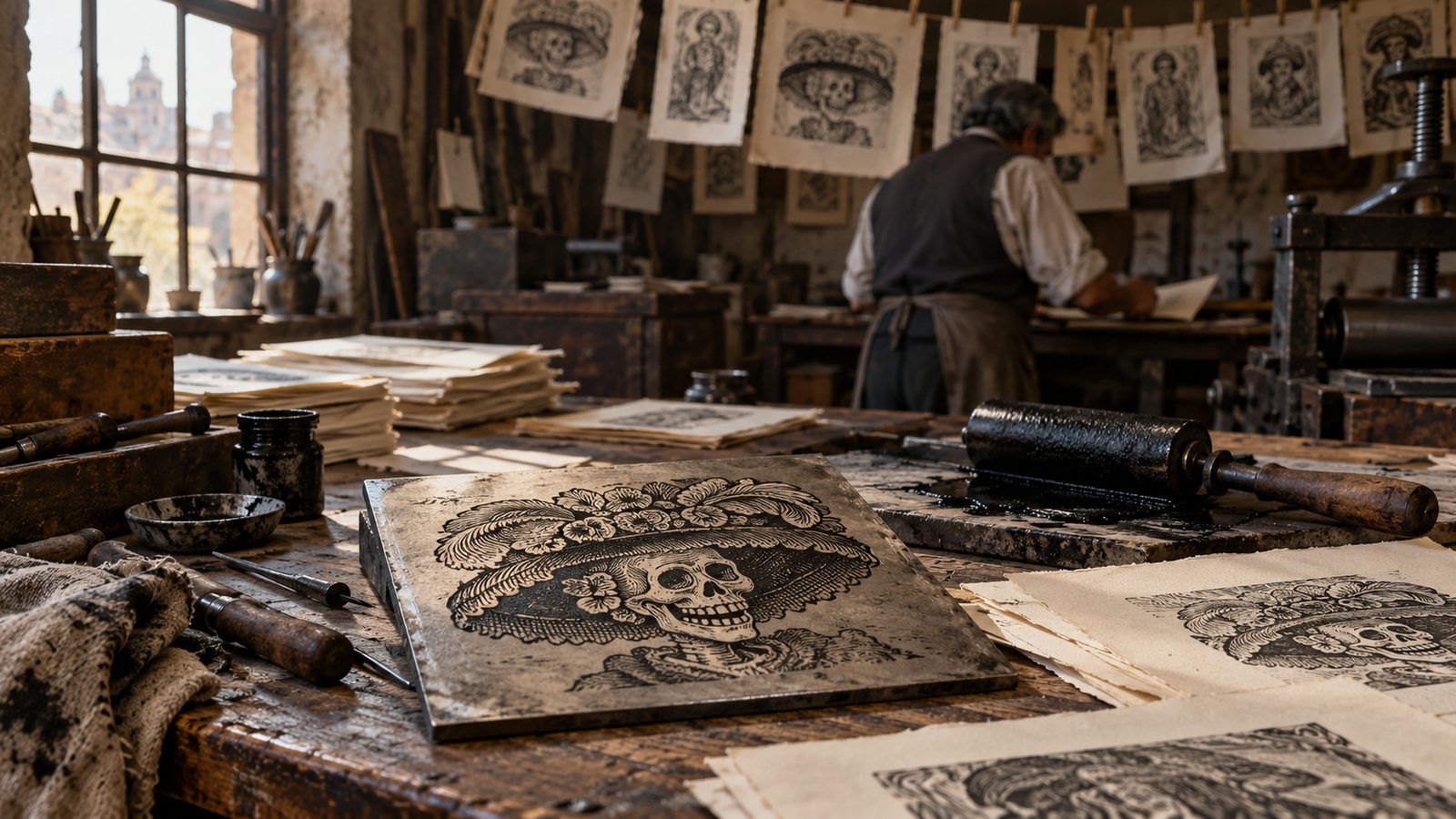 Recreación del taller de Posada con la plancha de una calavera con sombrero sobre la mesa