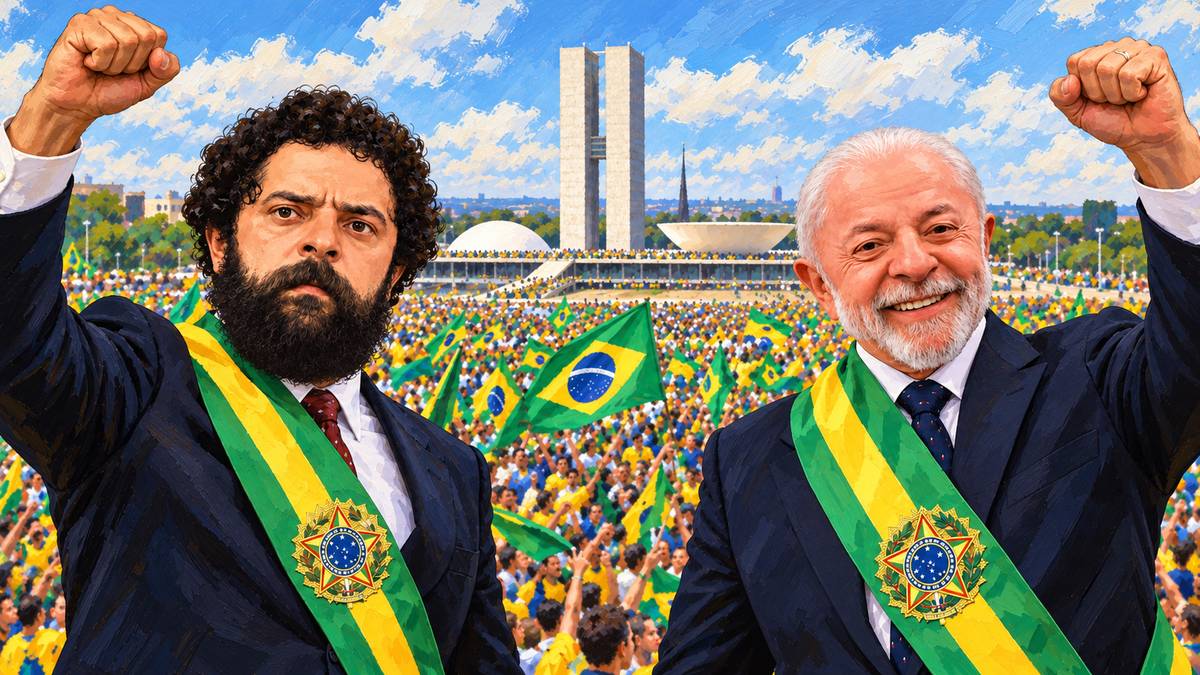 Lula joven a la izquierda y Lula actual a la derecha, con bandas presidenciales y el puño alzado, ante una multitud con banderas brasileñas en Brasilia.