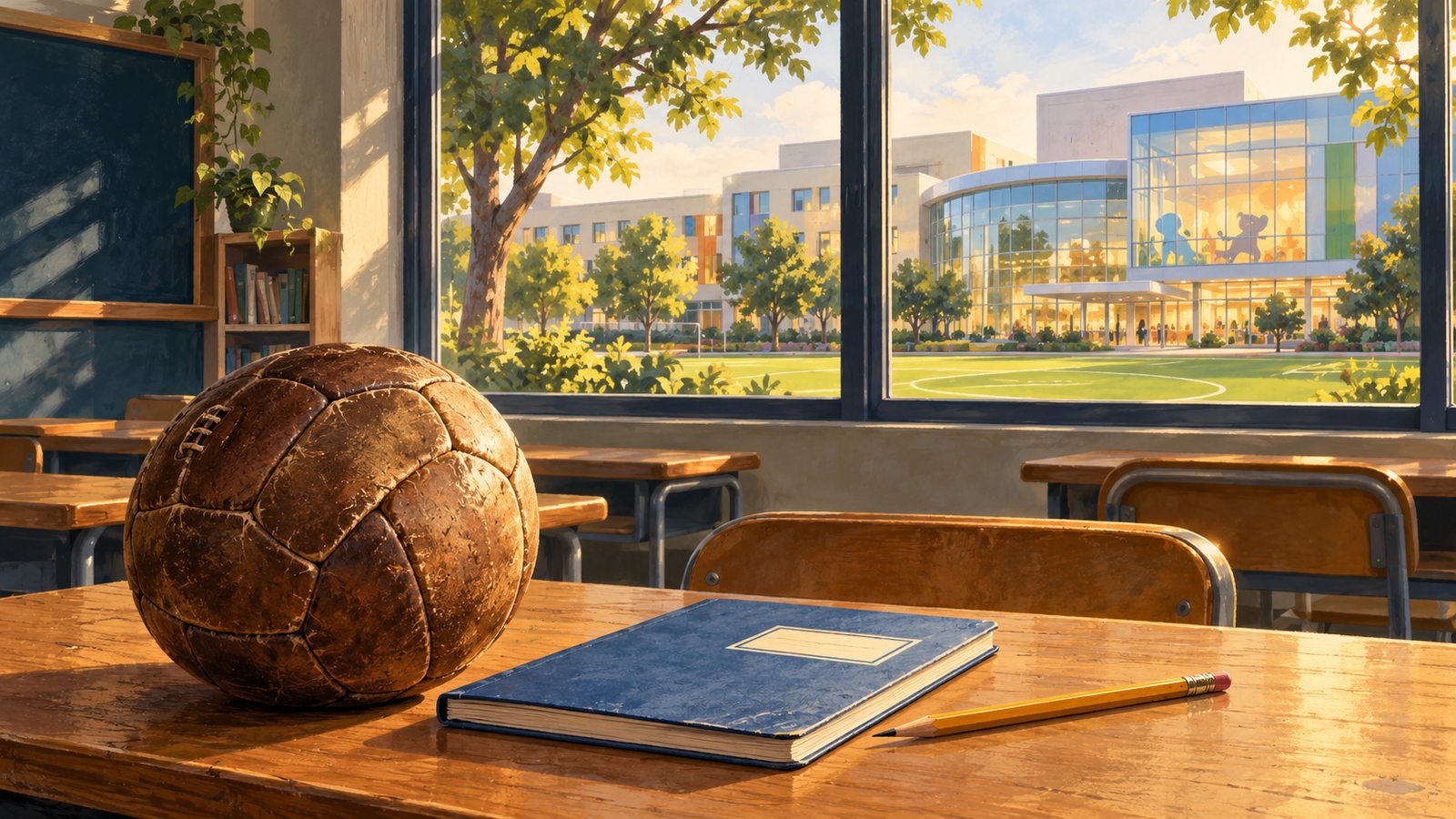Ilustración de un balón y un cuaderno en un aula, con un hospital pediátrico al fondo