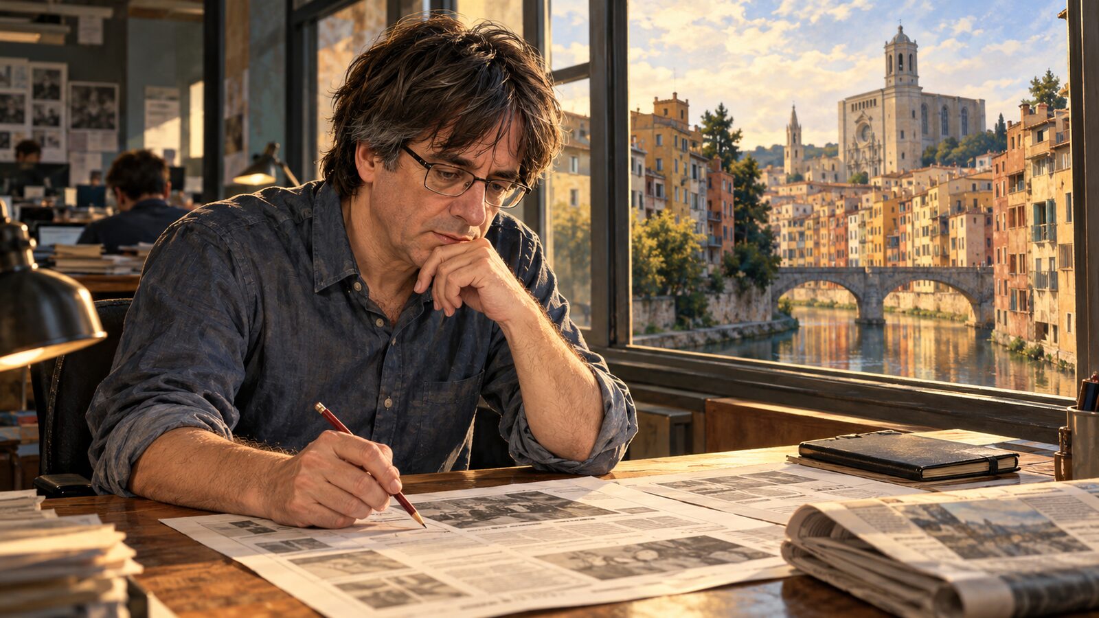 Ilustración editorial de Carles Puigdemont revisando un periódico en una redacción, con Girona al fondo.