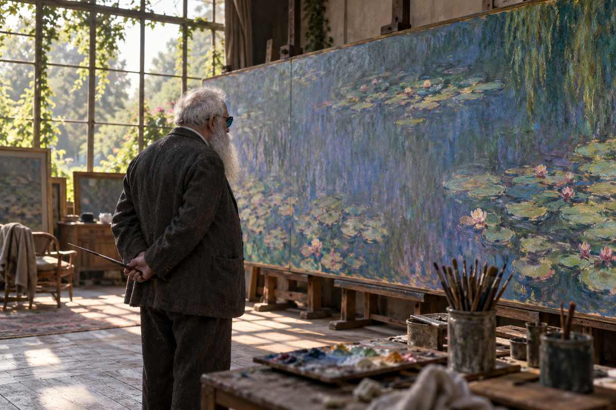 Claude Monet anciano, de perfil, ante un gran panel de nenúfares en su estudio de Giverny. Recreación ilustrativa.